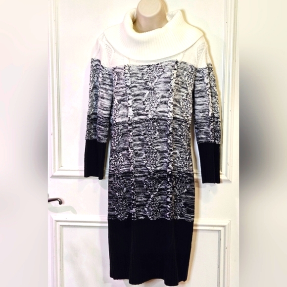 Studio One New York Black & White Cowl Neck Cable Knit Sweater Dress, Medium - Picture 9 of 16